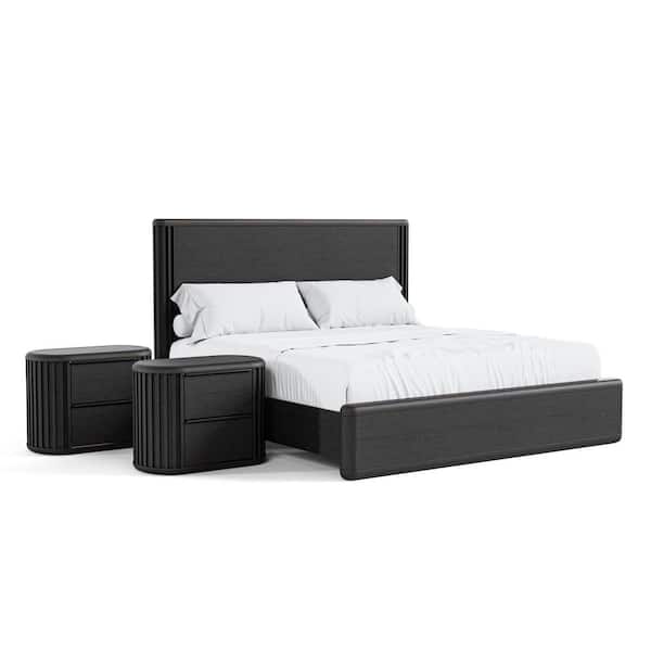 Eastbrook 3-Piece Modern Black Acacia Wood Queen Bedroom Set And 2 Nightstands with Charging Ports