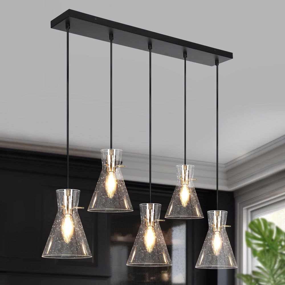 32.7 in. 5-Light Plated Gold Kitchen Island Chandelier, Transitional Black Seeded Pendant Light for Dining Room price history on PriceWatchPro