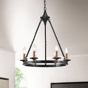 Hartwell 6-Light Antique Black Modern Farmhouse Round Candlestick Chandelier with Brass Candle Sleeves