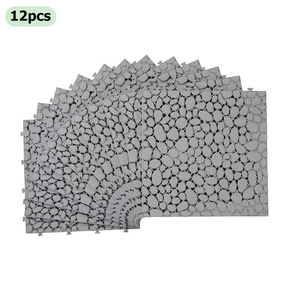 BTMWAY Gray 1 ft. x 1 ft. Square All-Weather Plastic Waterproof Outdoor Interlocking Deck Tiles Pebble Stone Pattern (12-Pack)