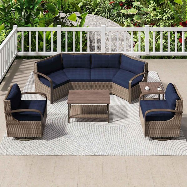 7-Piece Outdoor Patio Furniture Set Curved Conversation Set with Rocking Chair and Rattan Coffee Table