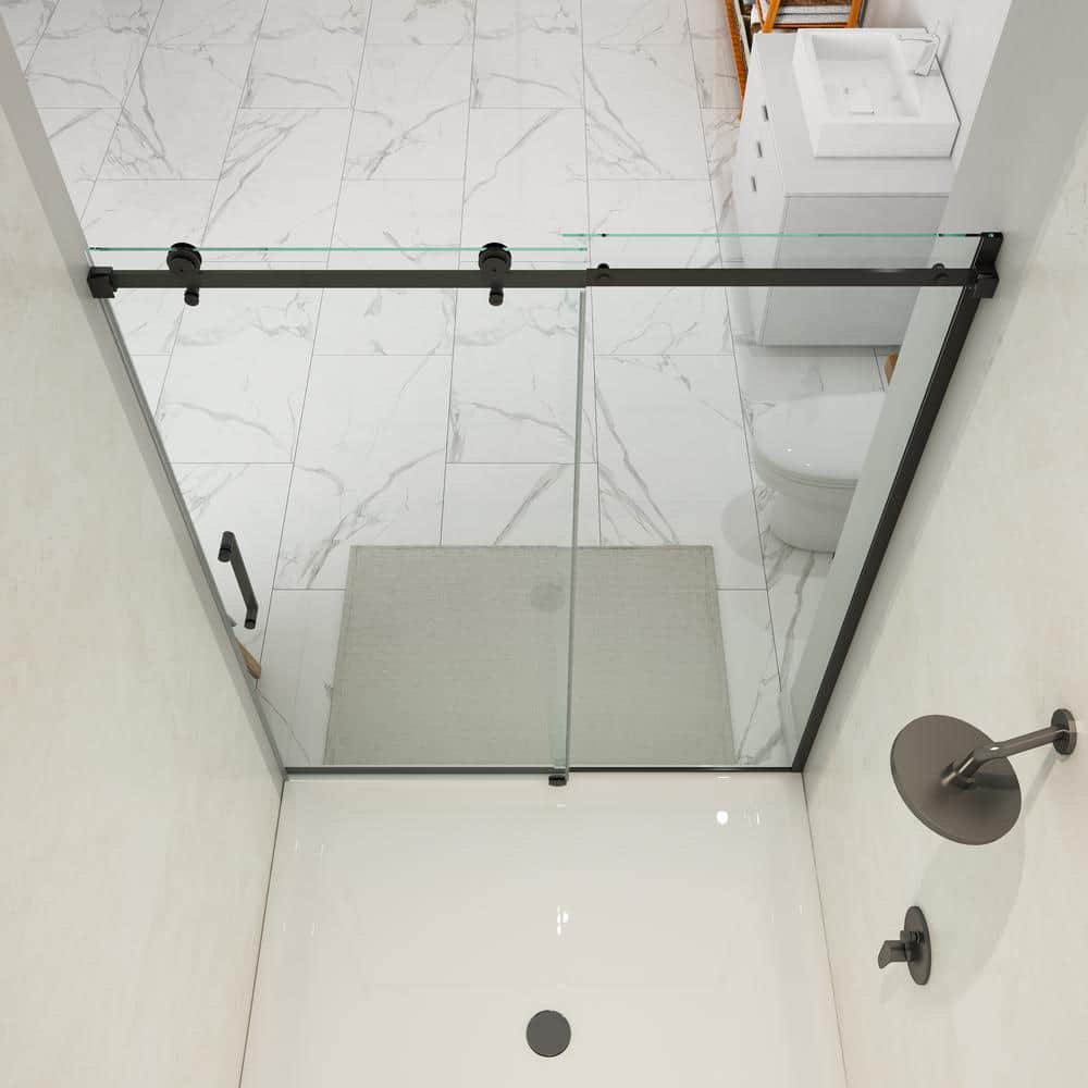 Matte Black Frameless Sliding Shower Door with Clear Tempered Glass