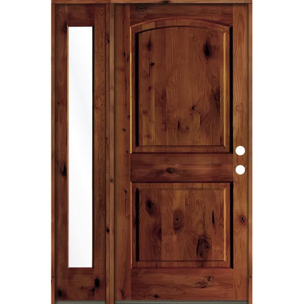 Krosswood Doors 50 in. x 80 in. Knotty Alder 2-Panel Left-Hand/Inswing Clear Glass Red Chestnut Stain Wood Prehung Front Door w/Sidelite