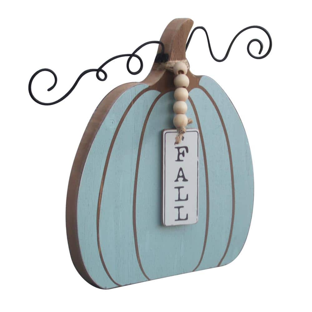 Blue Wood Pumpkin Figurine with Bead Accent for Fall Decor