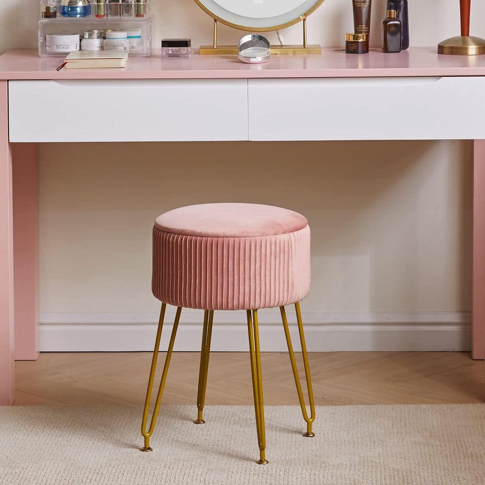 rose gold dressing table stool Pink Teddy Fleece Dressing Table Stool with Gold Iron Legs, 43cm W x 40cm D  x