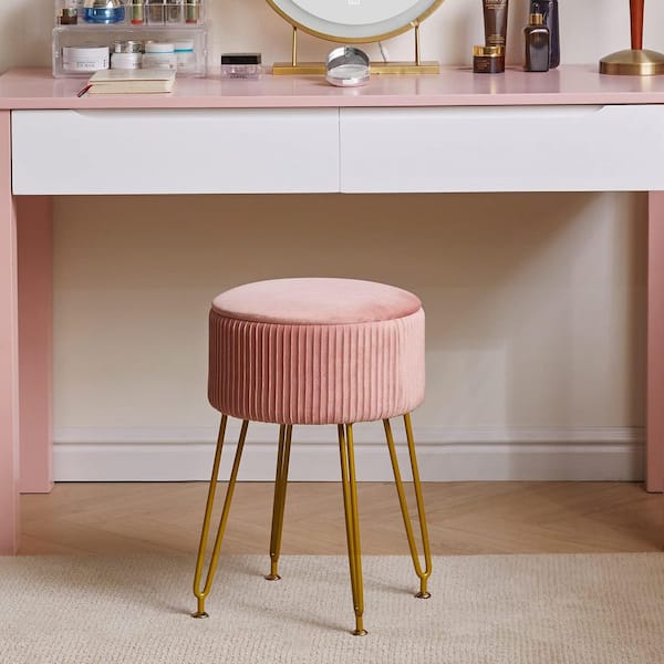 Pink Velvet 18.9 in. Tall Makeup Vanity Stool with Storage, Footrest Stool with Golden Steel Legs & Removable Cover