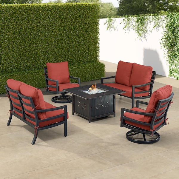 Oakland Living Black 6-Piece Aluminum Patio Fire Pit with 2-Deep Seating Loveseat and 2-Club Chairs Red Cushions