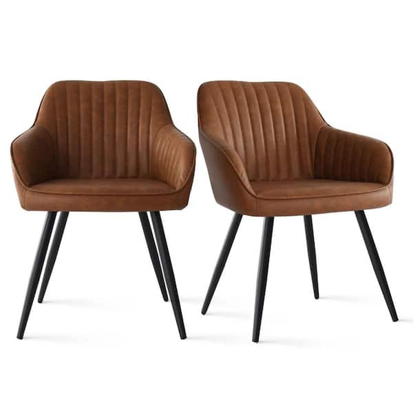 LAOTIES Boston Brown Faux Leather Upholstered Side Chair with Arms (Set of 2)
