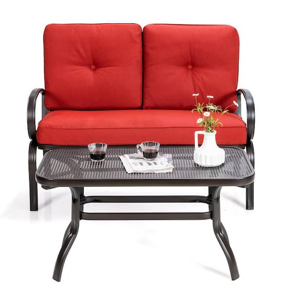 Alpulon Black Metal Outdoor Patio Loveseat with Coffee Table and Red Cushions