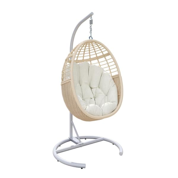TWT Beige Egg-Shaped Metal Outdoor Freestanding Porch Swings Hanging with Cushions
