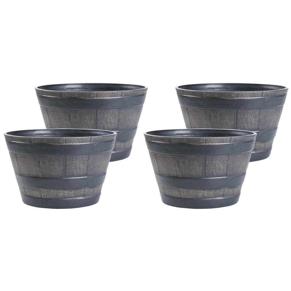 Gardenised Rustic Wood- Look Plastic Half Barrel Flower Pot Bucket Planter, Pack of 4
