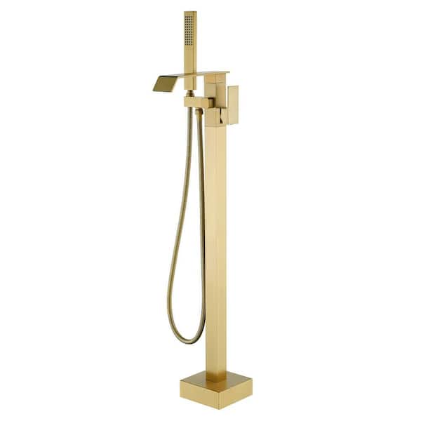 1 Handle Freestanding Floor Mount Tub Faucet with Supply Line in Brushed Gold