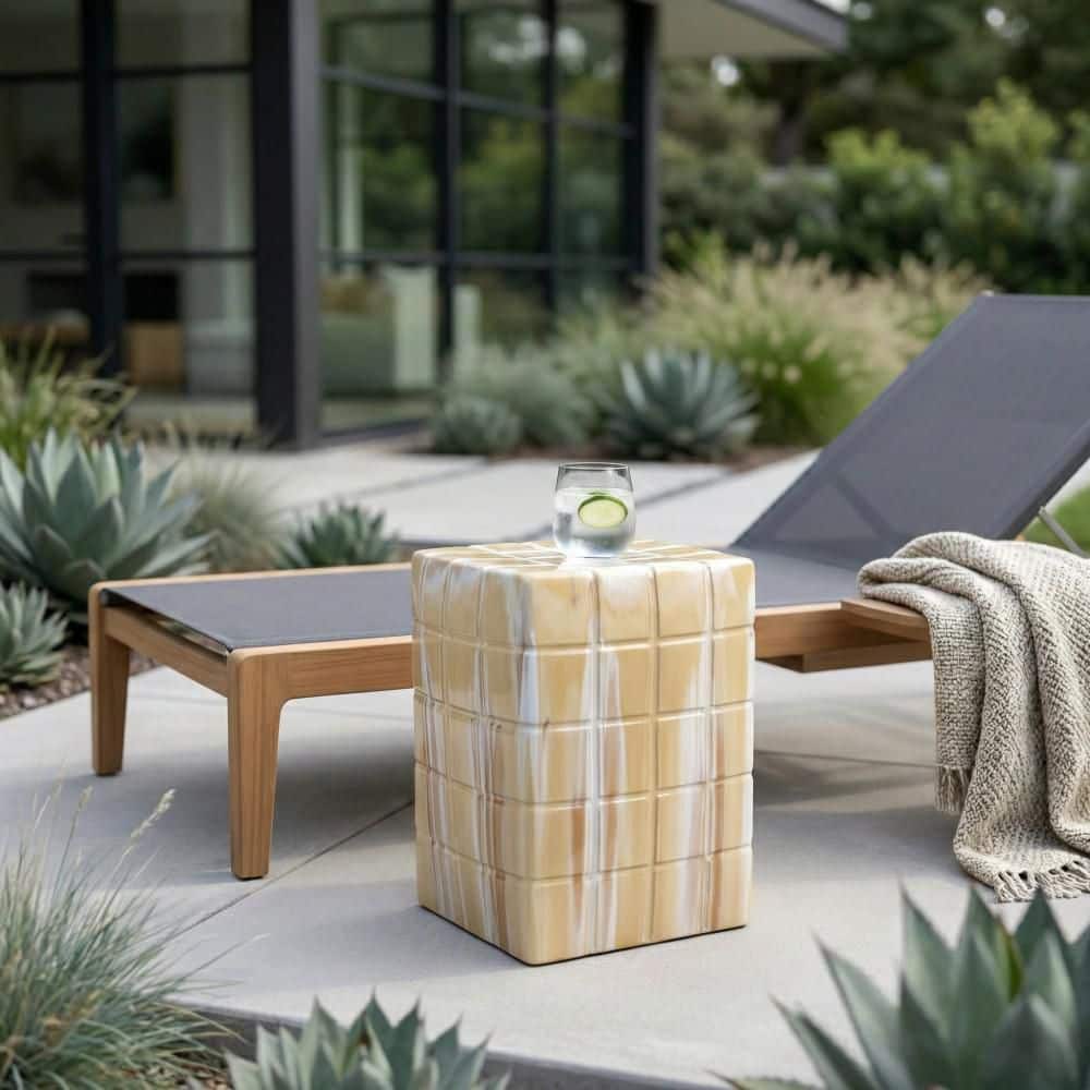 Yellow/White Ceramic Square Garden Stool 19 in. Standard Grid Textured Accent Stool
