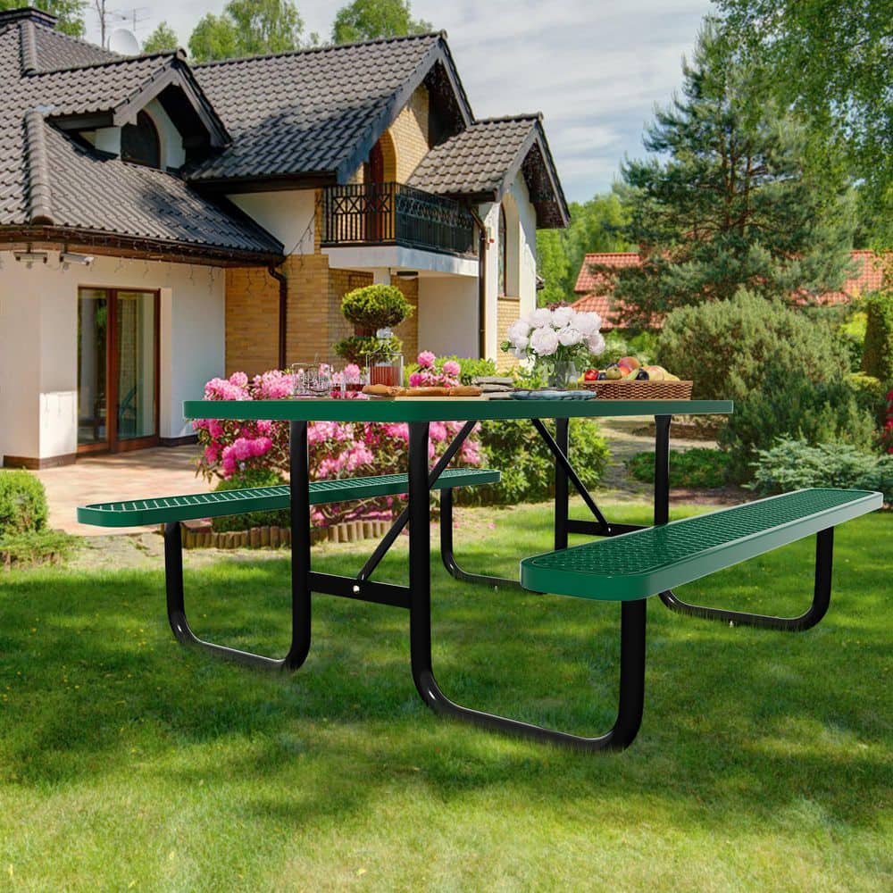 Outdoor 72 in. Thermoplastic Coated Rectangle Steel Picnic Tables 6-Person with Umbrella Hole, Patio Dining Table, Green price history on PriceWatchPro
