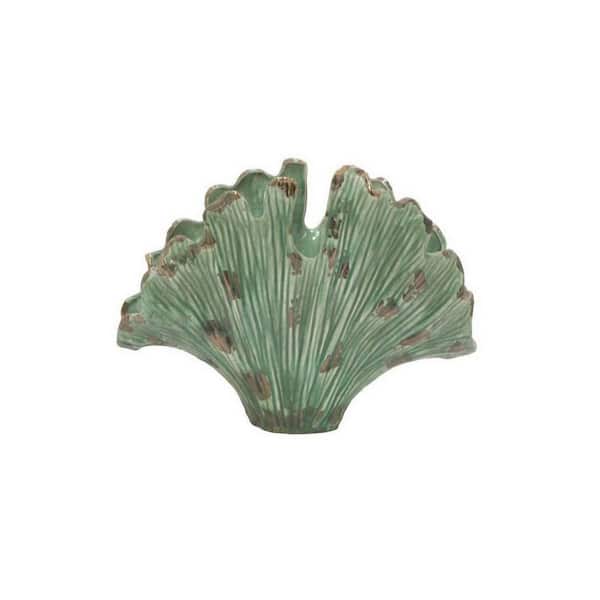Benjara Green and Brown Urn Ceramic Accent Vase with Intricate Kelp Design