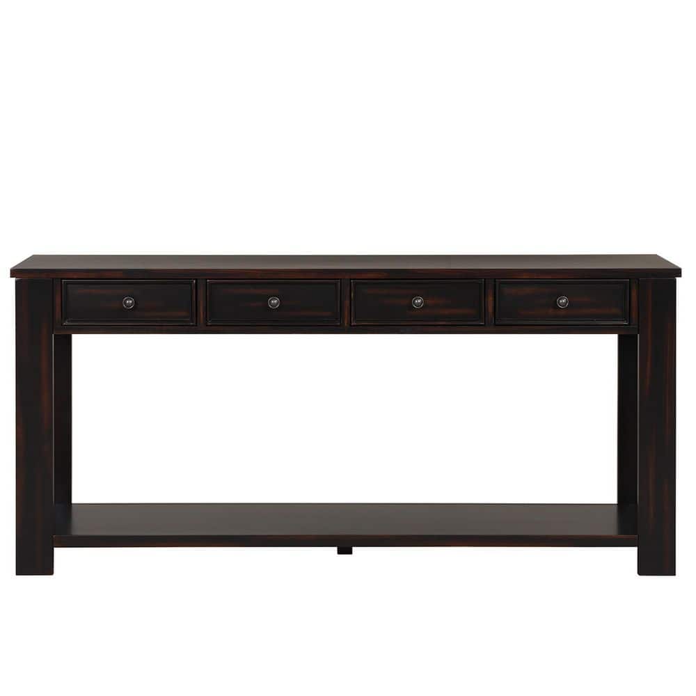 63 in. Black Rectangle  Pine Wood Console Table With 4-Drawers and 1 Bottom