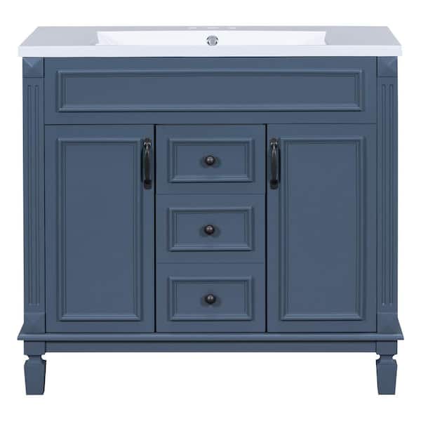 EPOWP 35.9 in. W x 18.1 in. D x 34 in. H Single Sink Freestanding Bath Vanity in Blue with White Ceramic Top and Cabinet
