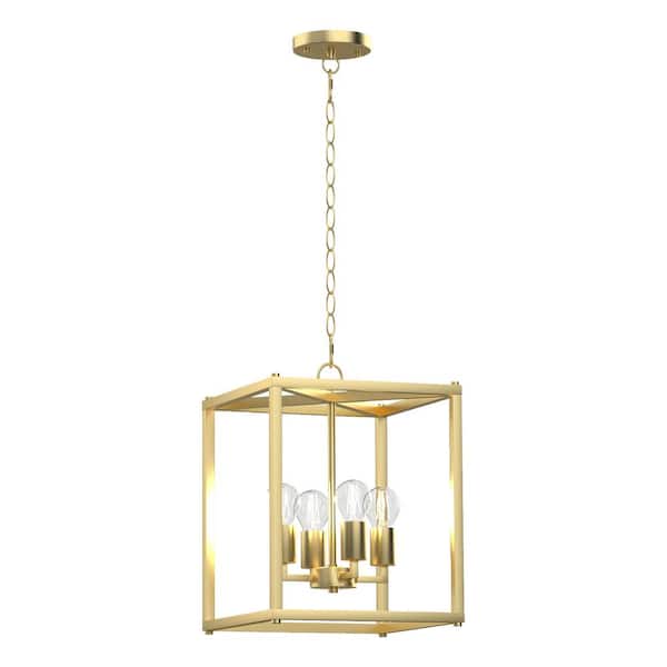 PUDO 11.81 in. 4-Light Farmhouse Gold Chandeliers with Caged Metal Shade and Adjustable Length