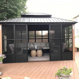 12ft. x 14ft. Sunroom Hardtop Gazebo Solarium Galvanized Steel Double Roof Aluminum PC Mesh Screen House Backyard Brown