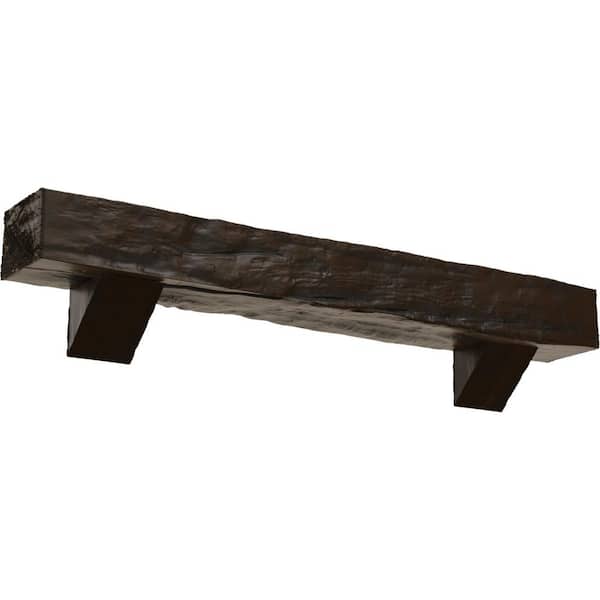 Ekena Millwork 4 in. x 4 in. x 4 ft. Riverwood Faux Wood Fireplace Mantel Kit, Breckinridge Corbels, Burnished Mahogany