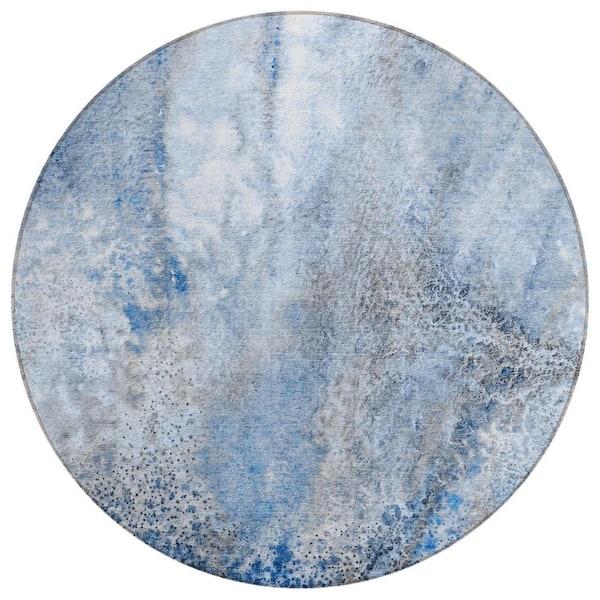 HomeRoots Ivory Blue and Gray 8 ft. Round Abstract Indoor / Outdoor Area Rug