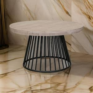 Rita 35.5 in. Off White and Black Round Wood Coffee Table with Black Metal