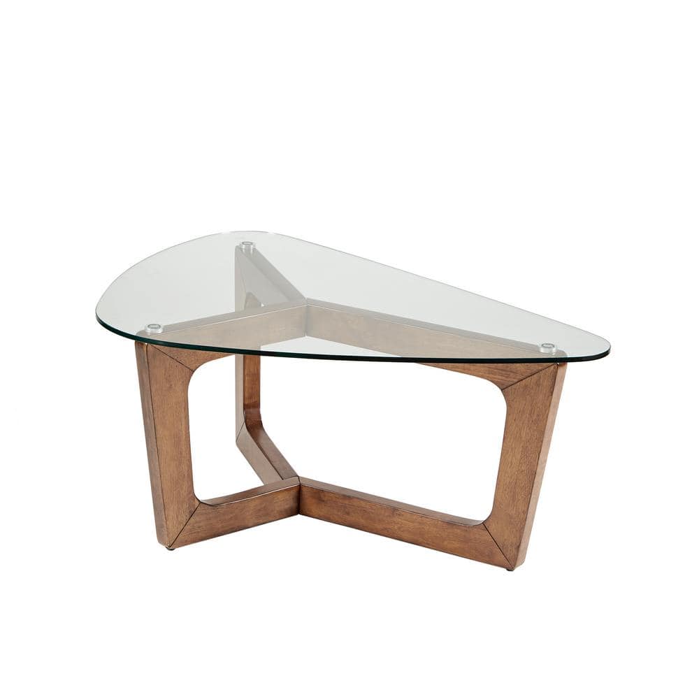 Triangular Pecan Wood Coffee Table with Glass Top