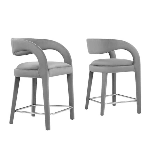 MODWAY Pinnacle 24.5 in. in Gray Silver Rubber Wood Performance Velvet Counter Stool Set of 2