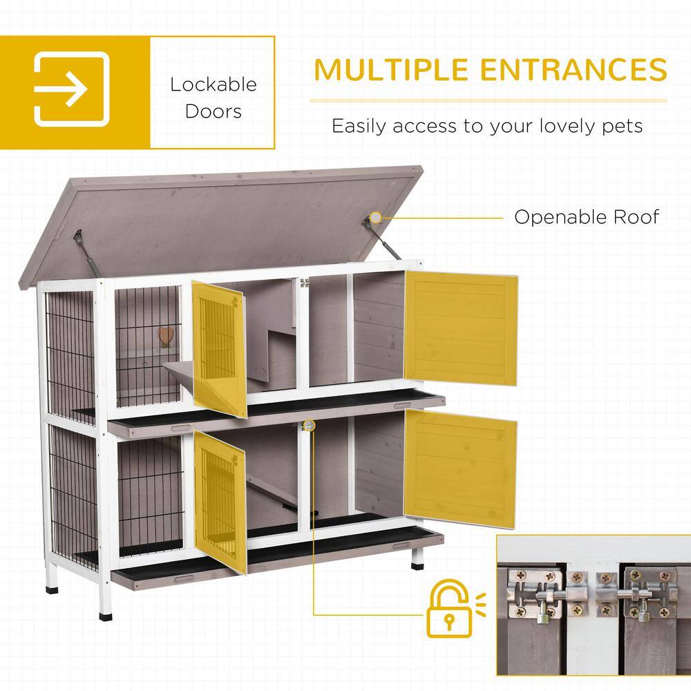 Gray and White Wooden 2-Tier Guinea Pig Cage with Slide-Out Tray