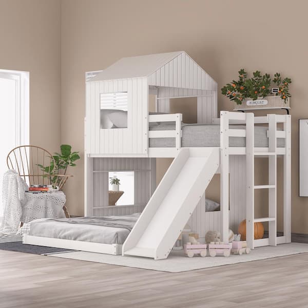 Playhouse Style White Wooden Twin Over Full Bunk Bed with Ladder,Slide and Guardrails(78.7 in. W x 82.3 in. H)