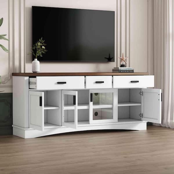 White TV Stand Fits TV's Up to 70 in. with Glass Doors and Storage Drawers, Adjustable Shelves