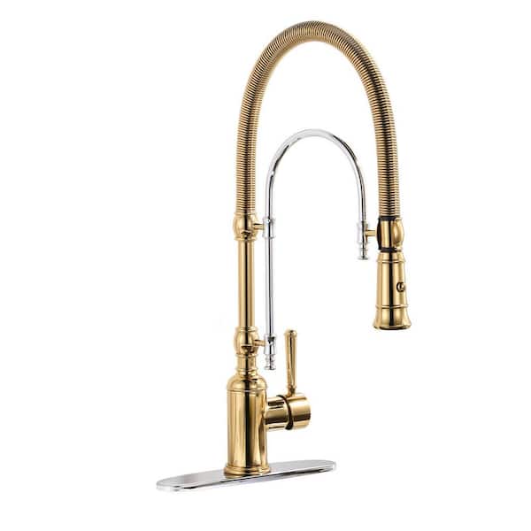 Single Handle Pull Down Sprayer Kitchen Faucet Solid Brass in Gold and Chrome