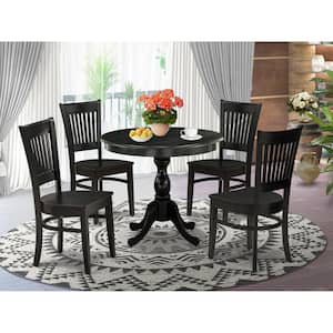 5-Piece Round Black Finish Solid Wood Top Dining table with 4 Chairs with Slat Back
