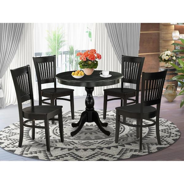 East West Furniture 5-Piece Round Black Finish Solid Wood Top Dining table with 4 Chairs with Slat Back