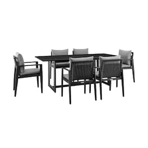 Grand Black 7-Piece Aluminum Outdoor Dining Set with Grey Cushions