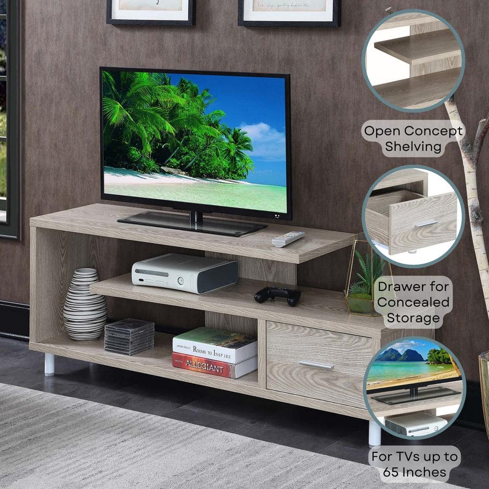 Ice White Modern 59" TV Stand with Open Shelving and Cabinet