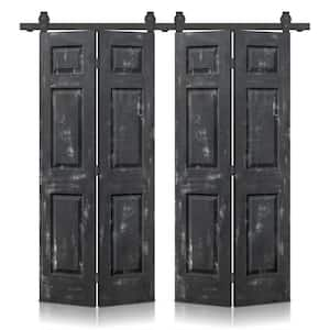 48 in. x 80 in. Vintage Black Stain 6 Panel MDF Double Hollow Core Bi-Fold Barn Door with Sliding Hardware Kit