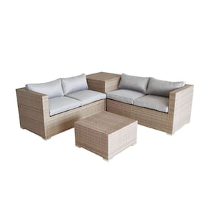 4-Piece Wicker Patio Deep Seating Set with Gray Cushion