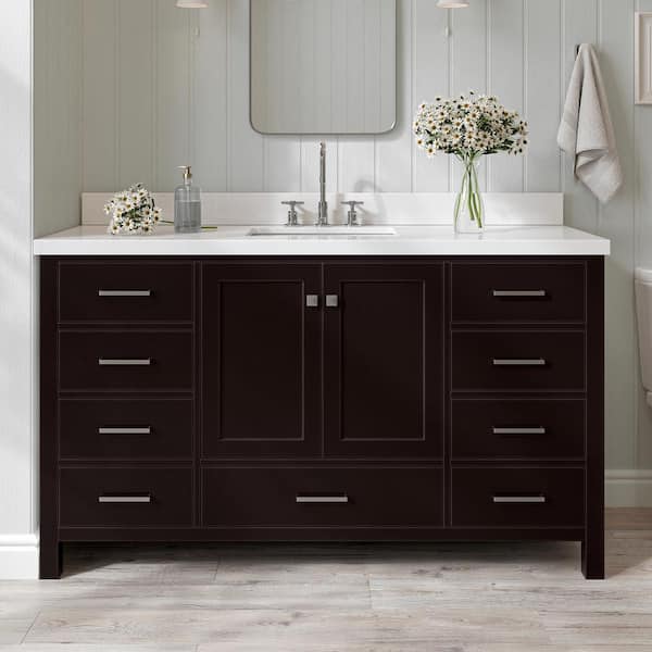ARIEL Cambridge 61 in. W x 22 in. D x 36 in. H Vanity in Espresso with Pure White Quartz Top