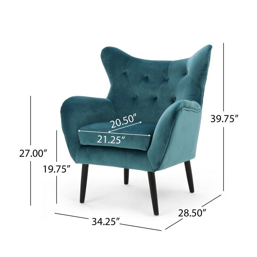 Dark Teal Velvet Wingback Accent Chair with Wood Legs