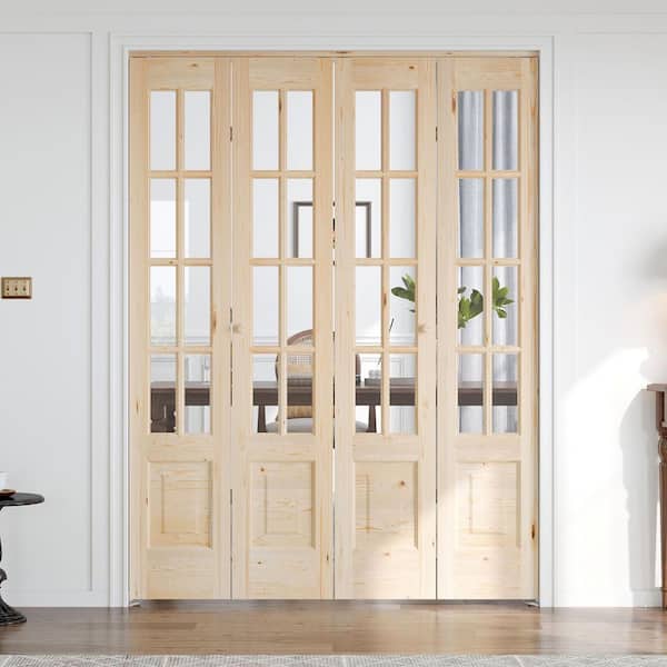 64 in. x 80 in. 3/4 Lite Preassembled Clear Glass Solid Core Wood Spruce Bi-Fold French Door with Hardware