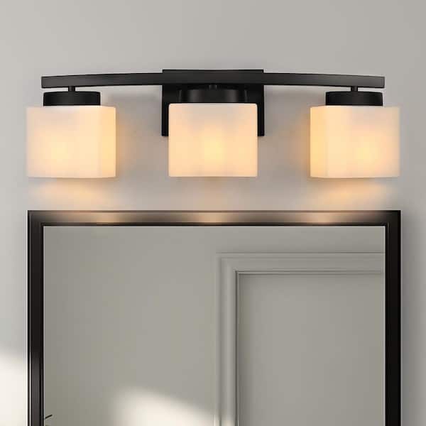 24 in. 3 Light Matte Black Vanity Light for Bathroom with Curved Arms and Milk White Shades