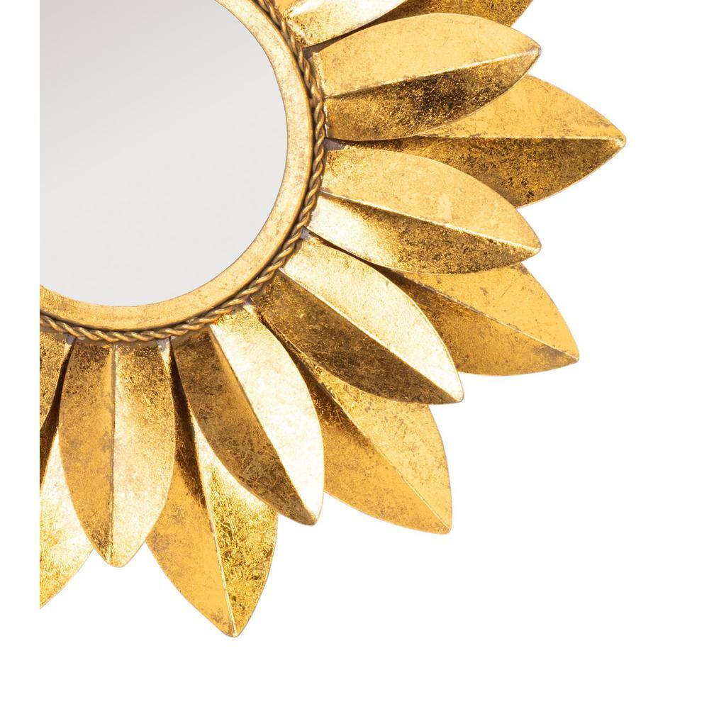 Gold Sunburst Round Mirror with Wood Frame
