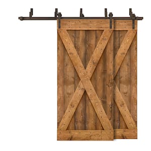 76 in. x 84 in. X Series Bypass Walnut Stained Solid Pine Wood Interior Double Sliding Barn Door with Hardware Kit