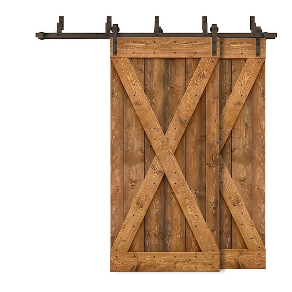 CALHOME 84 in. x 84 in. X Series Bypass Walnut Stained Solid Pine Wood Interior Double Sliding Barn Door with Hardware Kit