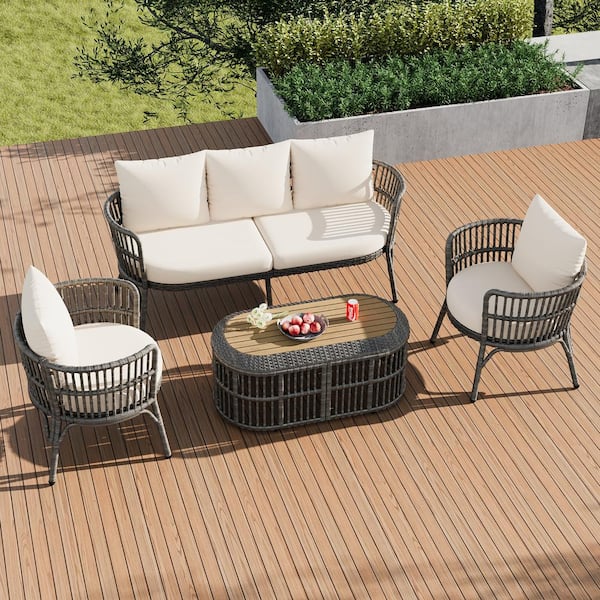 ITOPFOX Gray 4-Piece Wood Outdoor Patio Conversation Set with Beige Cushions, Seating Set for 5 and Coffee Table