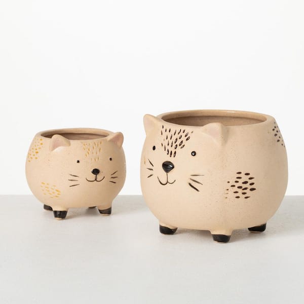 SULLIVANS 4.25" and 3" Kitschy Cat Ceramic Planter (Set of 2)