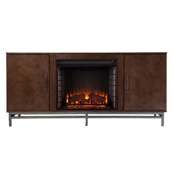 Southern Enterprises Oliver 60 in. Electric Fireplace in Brown with Matte Silver