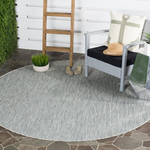 Courtyard Gray/Navy 8 ft. x 8 ft. Solid Distressed Indoor/Outdoor Patio  Round Area Rug