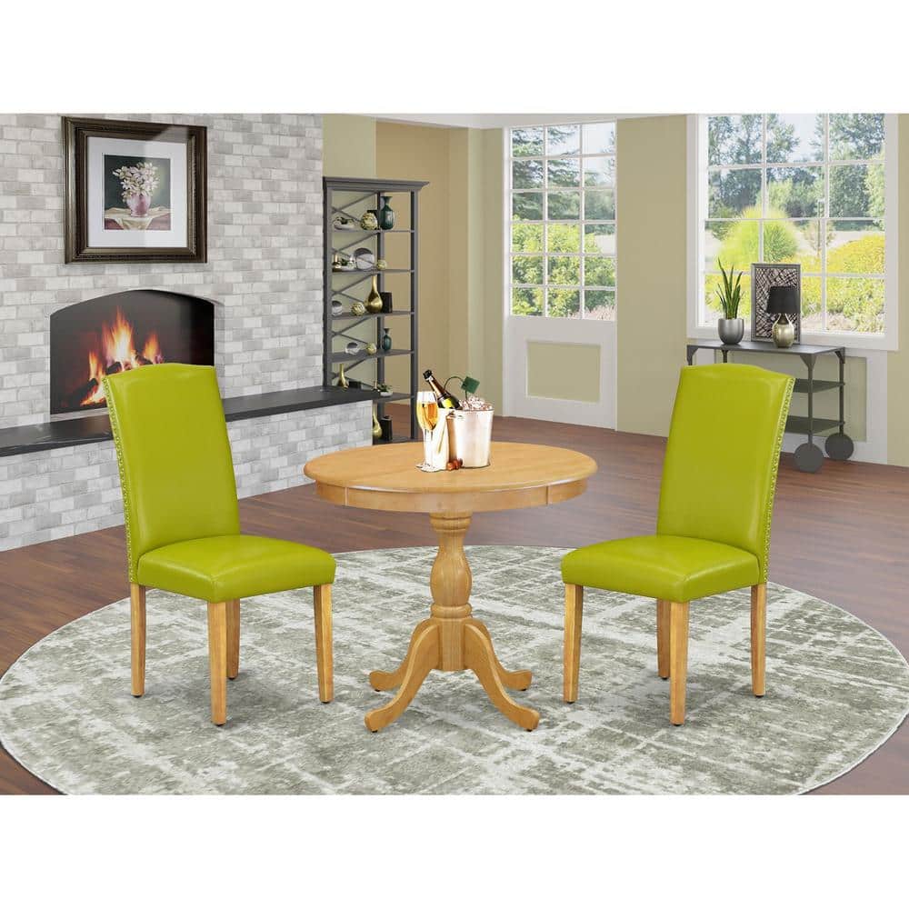 Oak Finish 3-Piece Dining Set with Green PU Leather Chairs